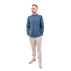 Dark blue Men`s Linen Band Collar Shirt