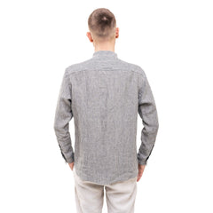 Striped Men`s Linen Band Collar Shirt