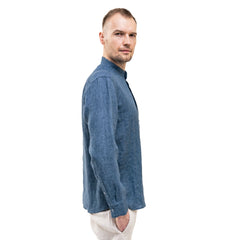 Dark blue Men`s Linen Band Collar Shirt