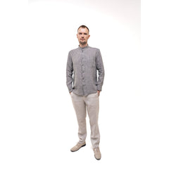 Striped Men`s Linen Band Collar Shirt