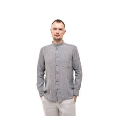 Striped Men`s Linen Band Collar Shirt