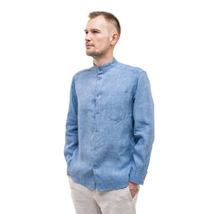 Blue Men`s Linen Band Collar Shirt