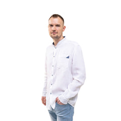 Men`s linen band collar shirt in White with blue