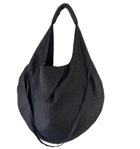 Eco Linen Hobo Bag - Black Minimalist Shoulder Tote