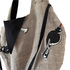 Eco friendly linen shoulder bag with bird pattern, slouchy hobo style, magnetic closure and inner zip pocket, minimalist natural fabric tote