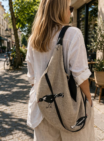 Eco Linen Hobo Bag - Shoulder Tote with bird print
