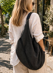 Eco Linen Hobo Bag - Black Minimalist Shoulder Tote