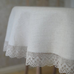 Round Tablecloth with Lace Natural Linen colour