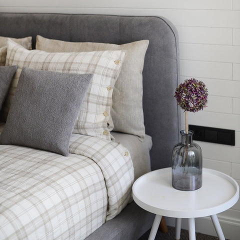 Luxury Soft Plaid/Natural 100% Linen Duvet Cover with Buttons